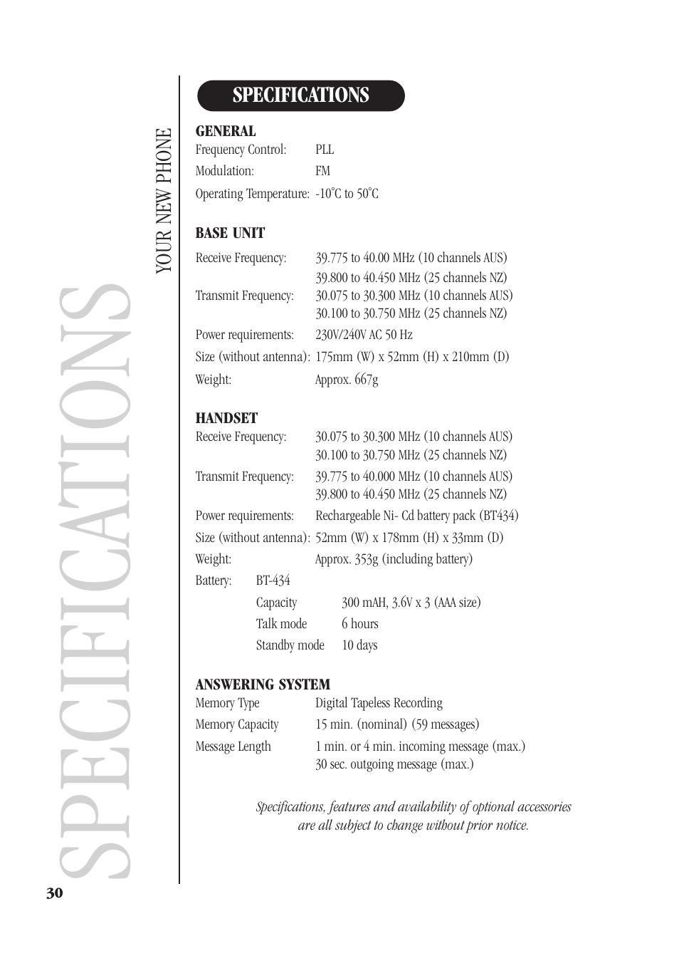 Specifications, Specifica tions, Your new phone | Uniden XSA660 User Manual | Page 36 / 38