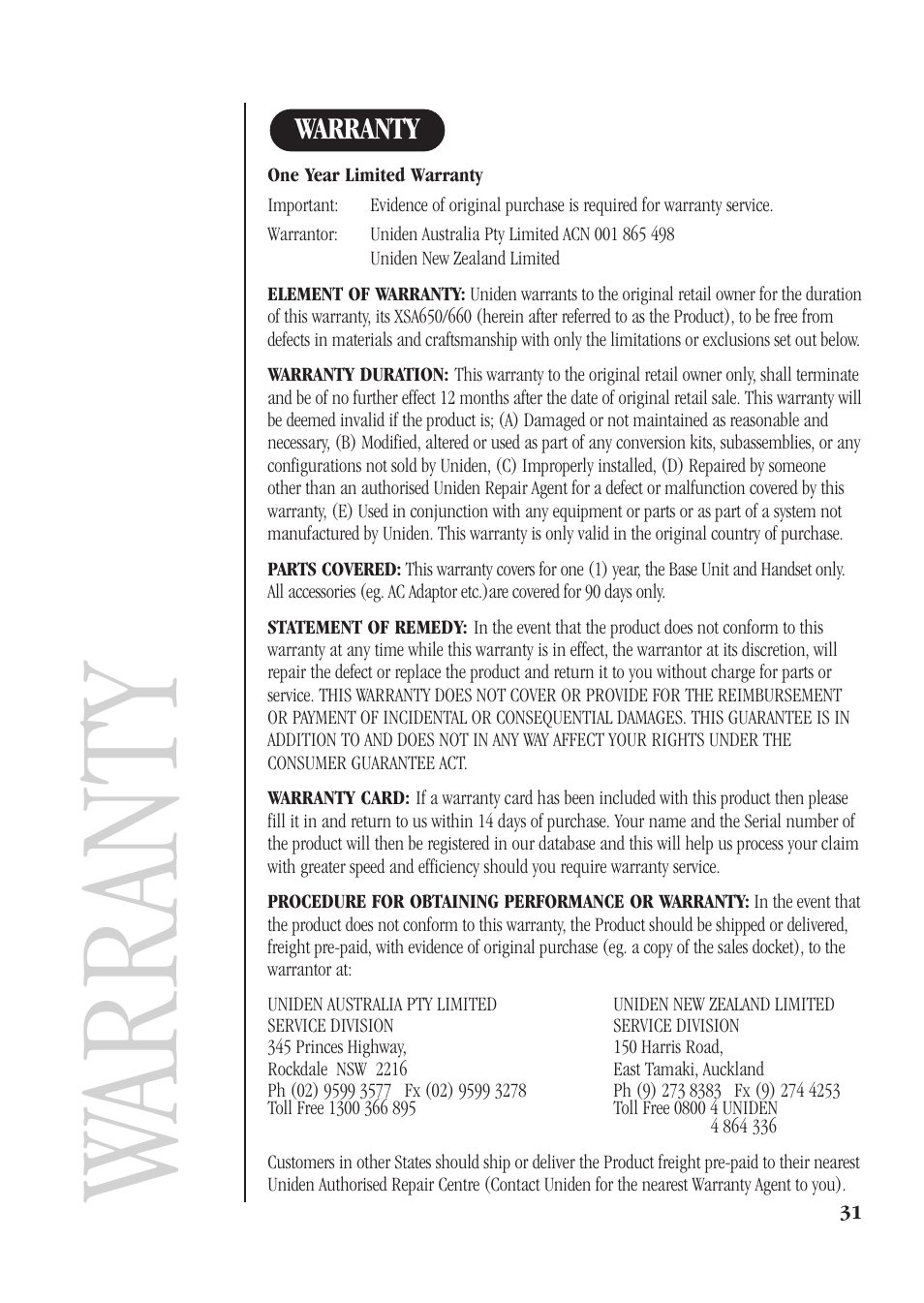 Warranty | Uniden XSA660 User Manual | Page 37 / 38