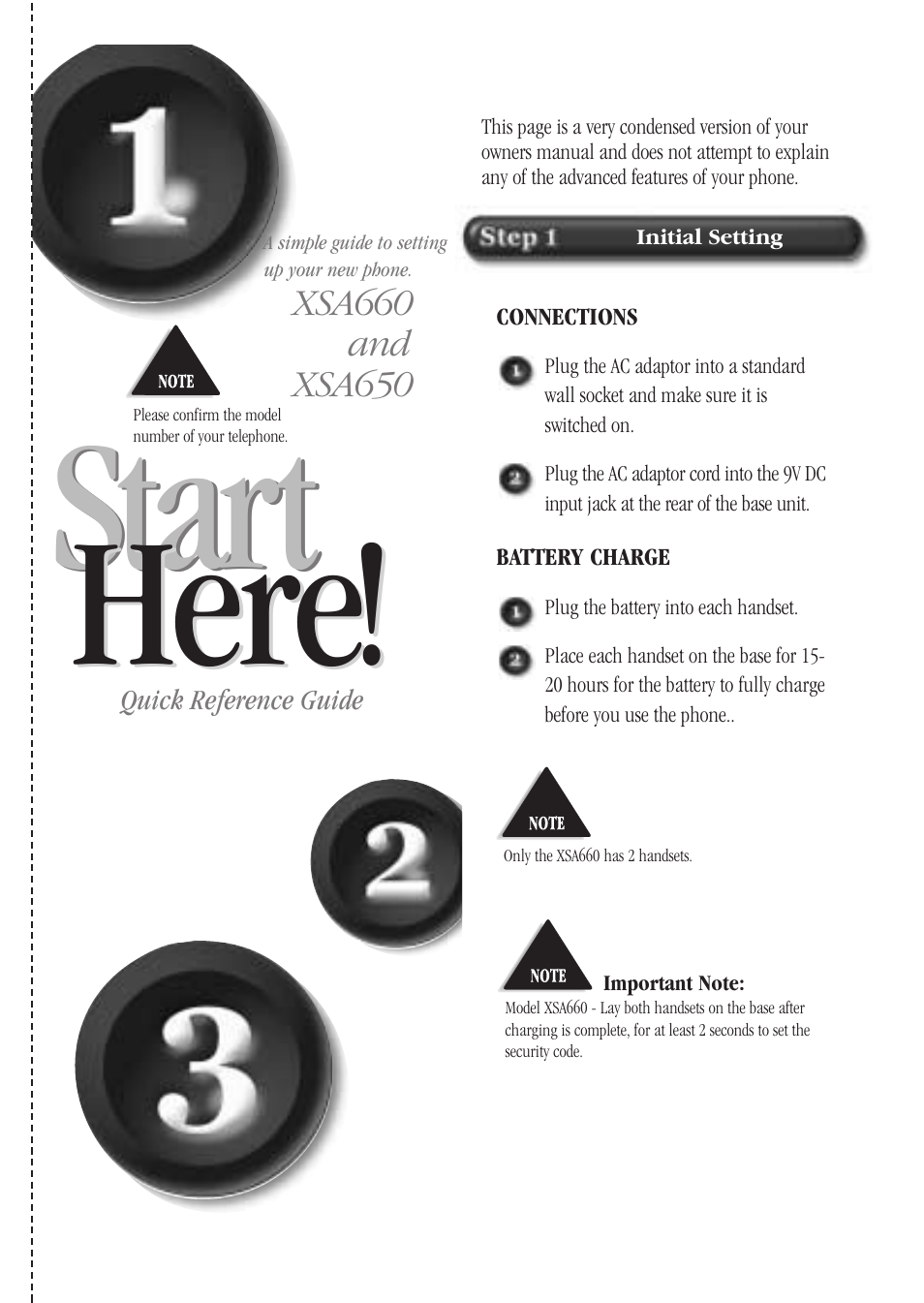 Quick reference guide, Initial setting, Start | Start here! here | Uniden XSA660 User Manual | Page 4 / 38