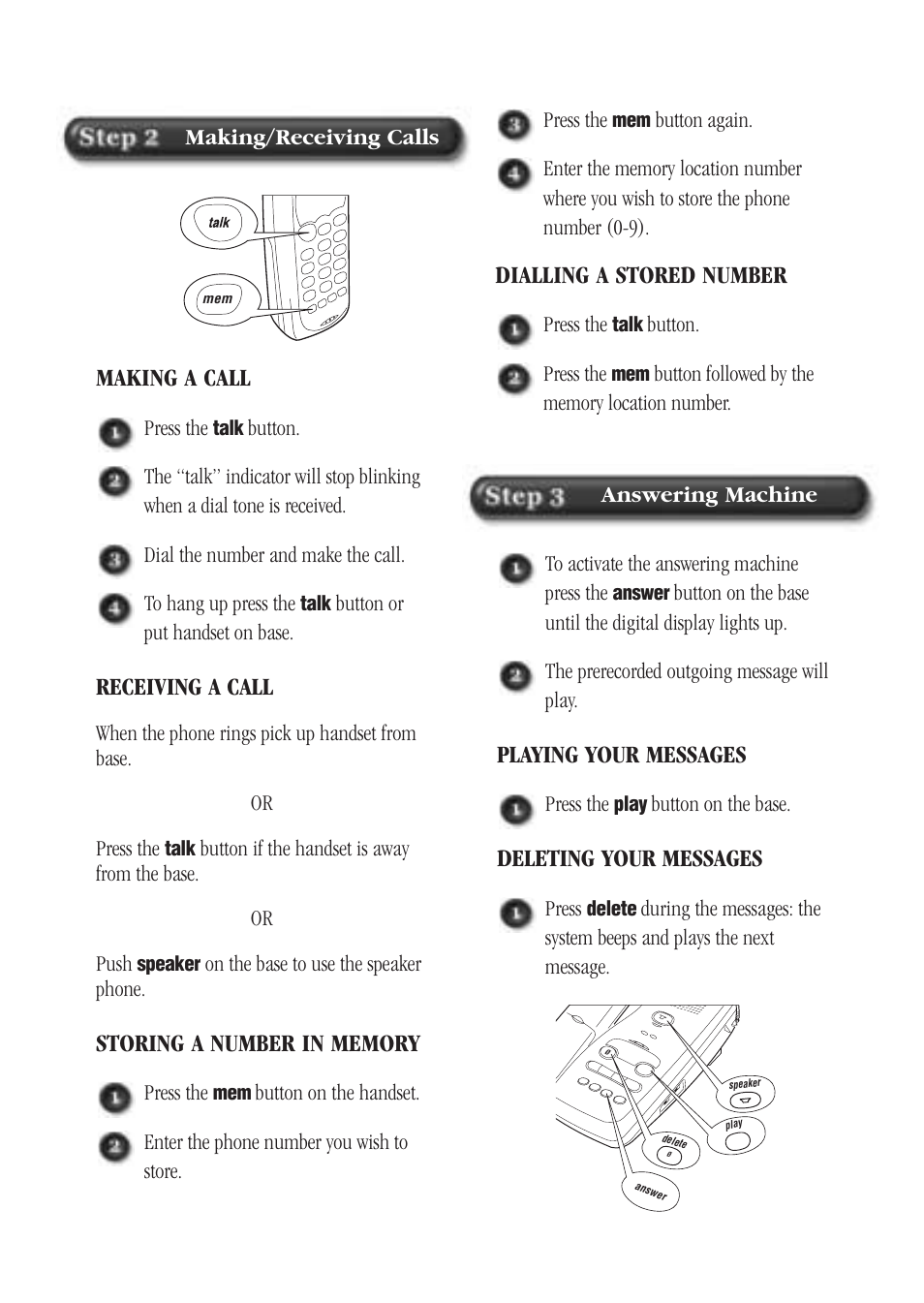 Making/receiving calls, Answering machine, Making a call | Receiving a call, Dialling a stored number, Playing your messages, Deleting your messages | Uniden XSA660 User Manual | Page 5 / 38