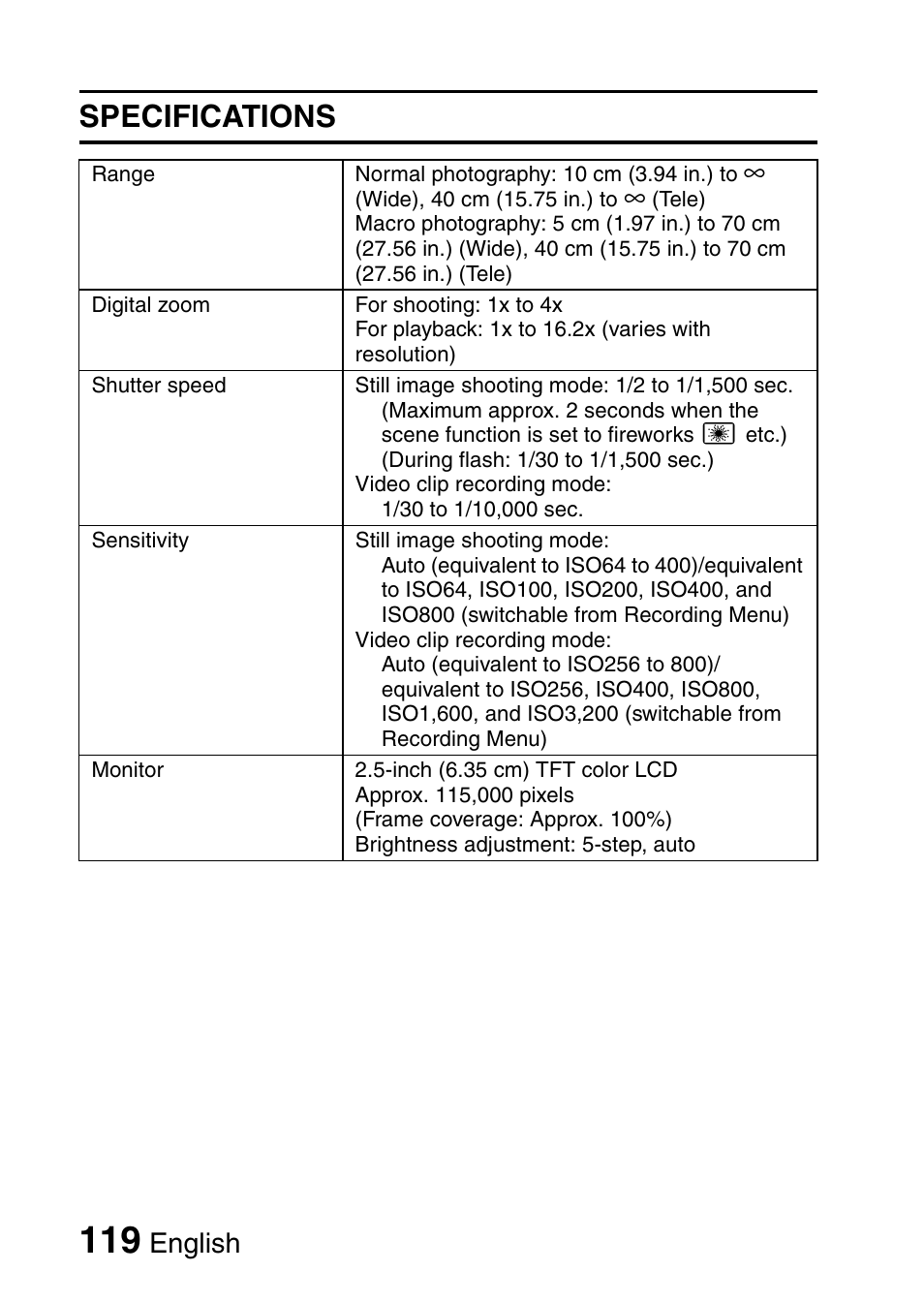 Specifications, English | Uniden UDC-5M User Manual | Page 125 / 134