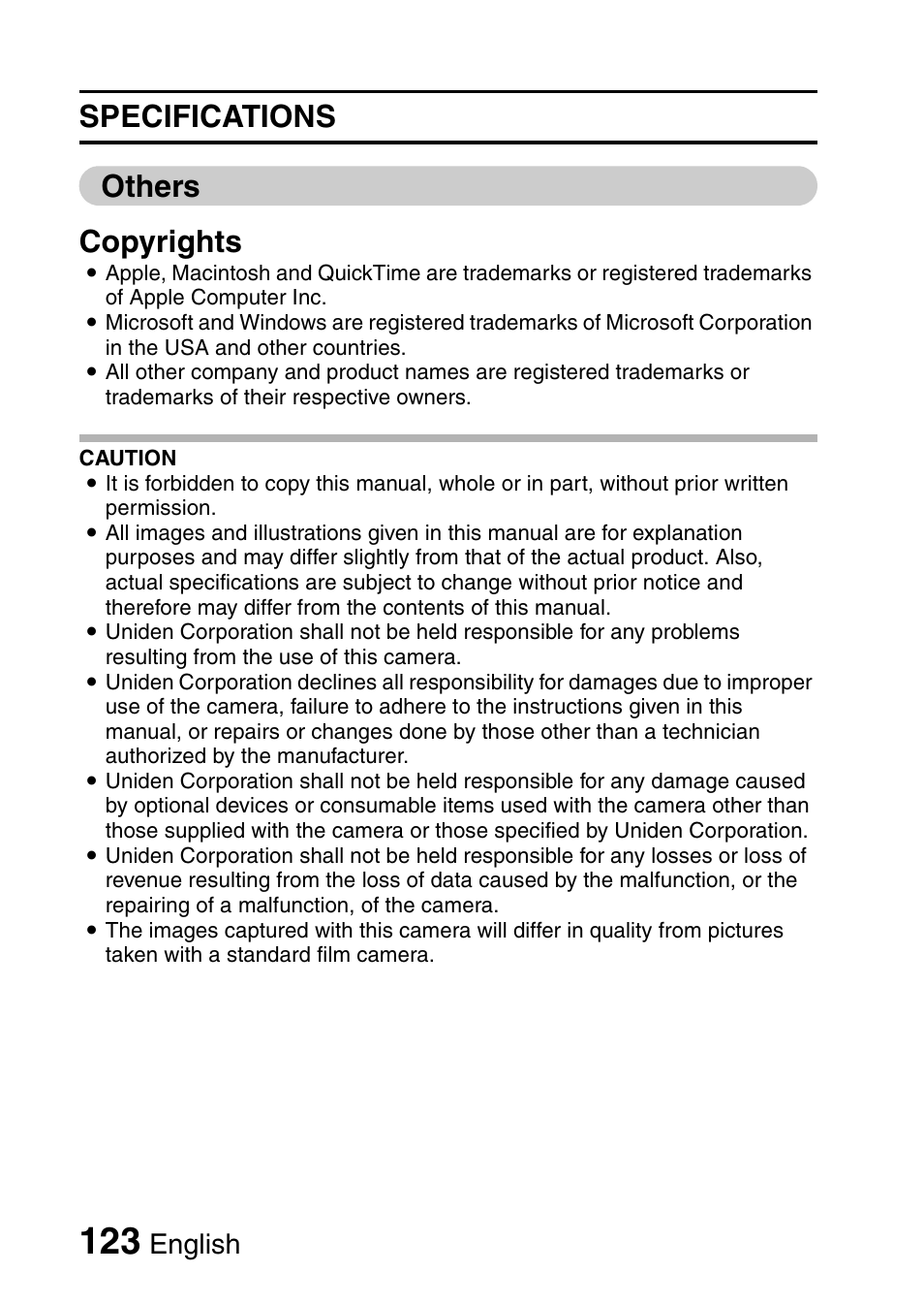 Specifications others copyrights, English | Uniden UDC-5M User Manual | Page 129 / 134
