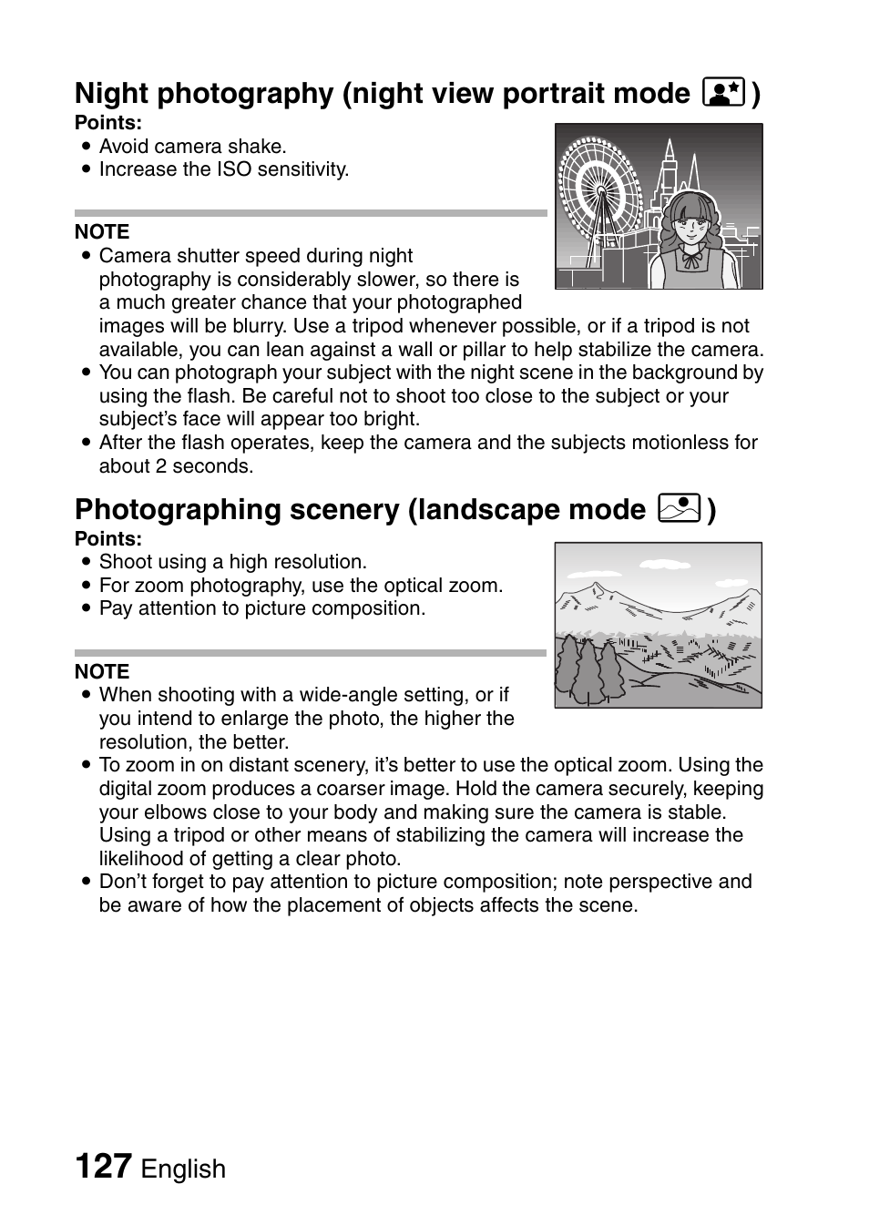 Night photography (night view portrait mode ] ), Photographing scenery (landscape mode \ ), English | Uniden UDC-5M User Manual | Page 133 / 134