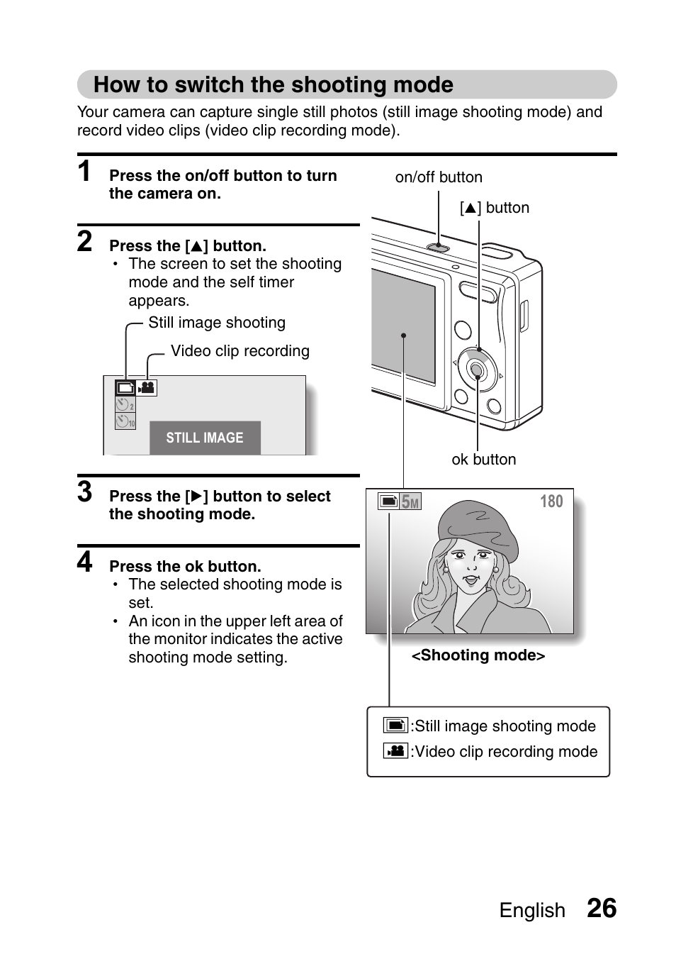 How to switch the shooting mode | Uniden UDC-5M User Manual | Page 32 / 134