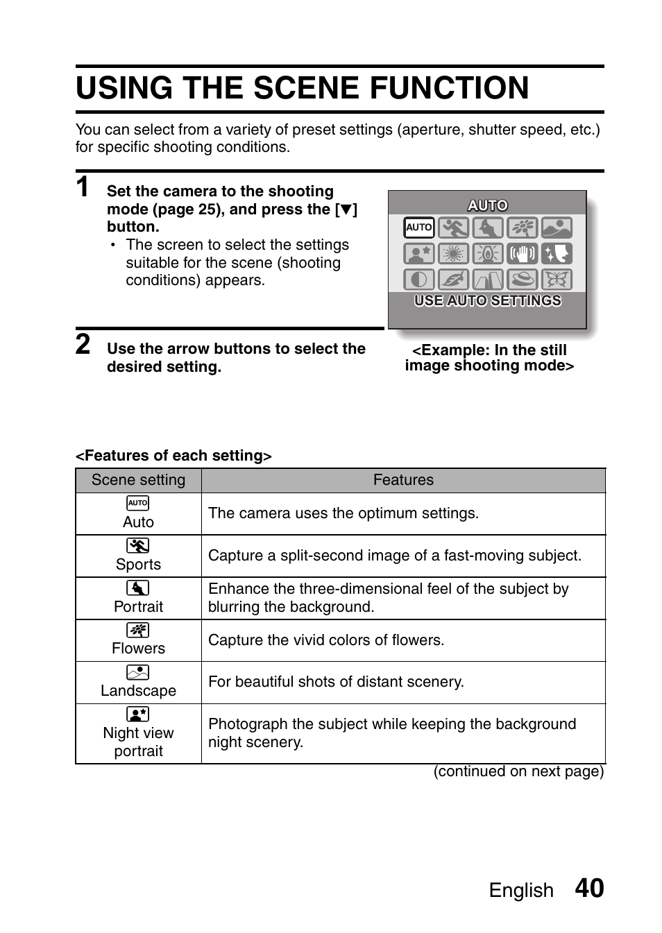 Using the scene function, English | Uniden UDC-5M User Manual | Page 46 / 134