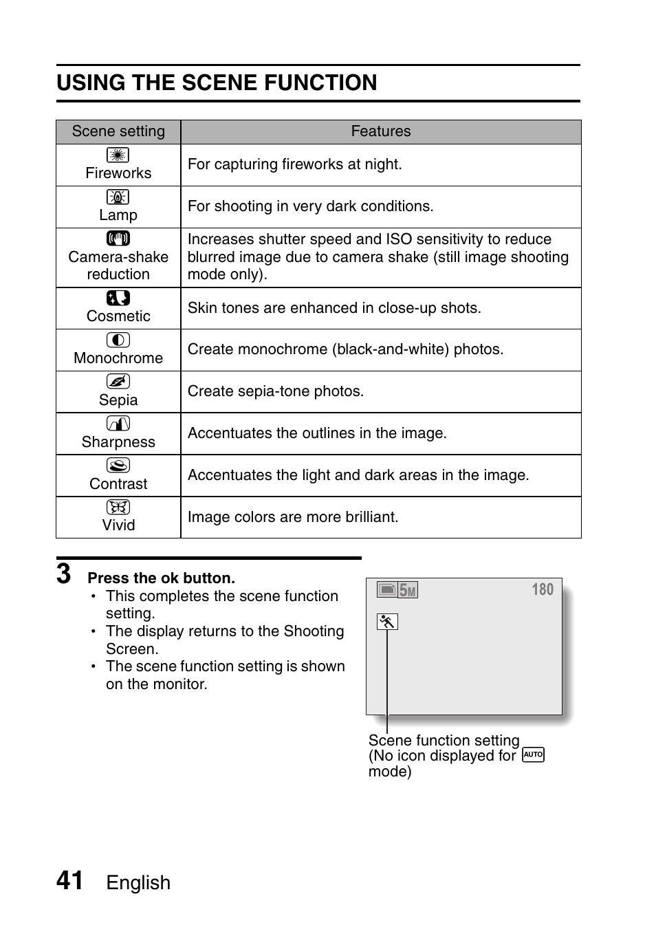 Using the scene function, English | Uniden UDC-5M User Manual | Page 47 / 134