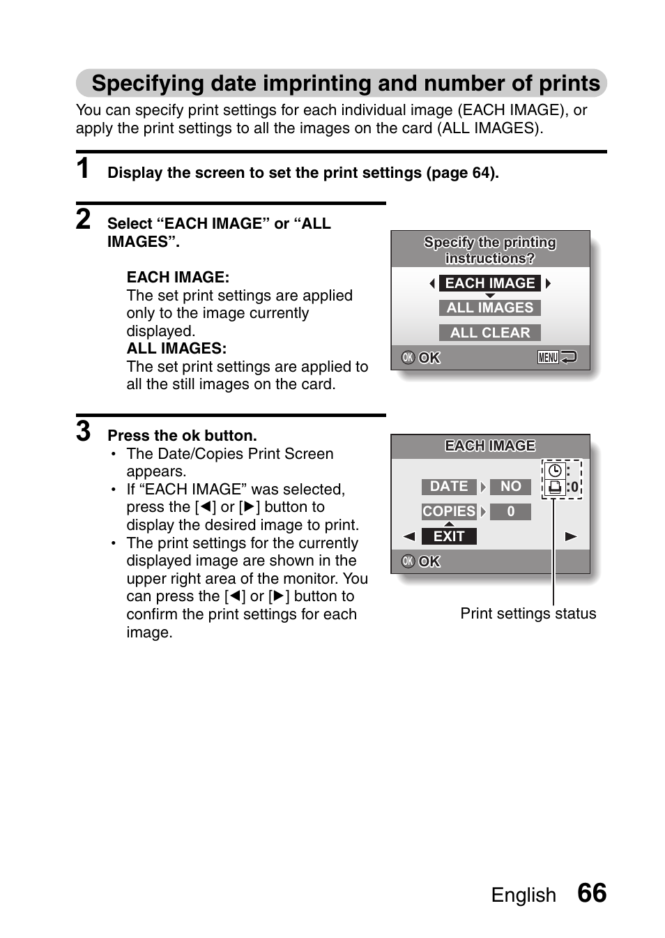 Specifying date imprinting and number of prints, English | Uniden UDC-5M User Manual | Page 72 / 134