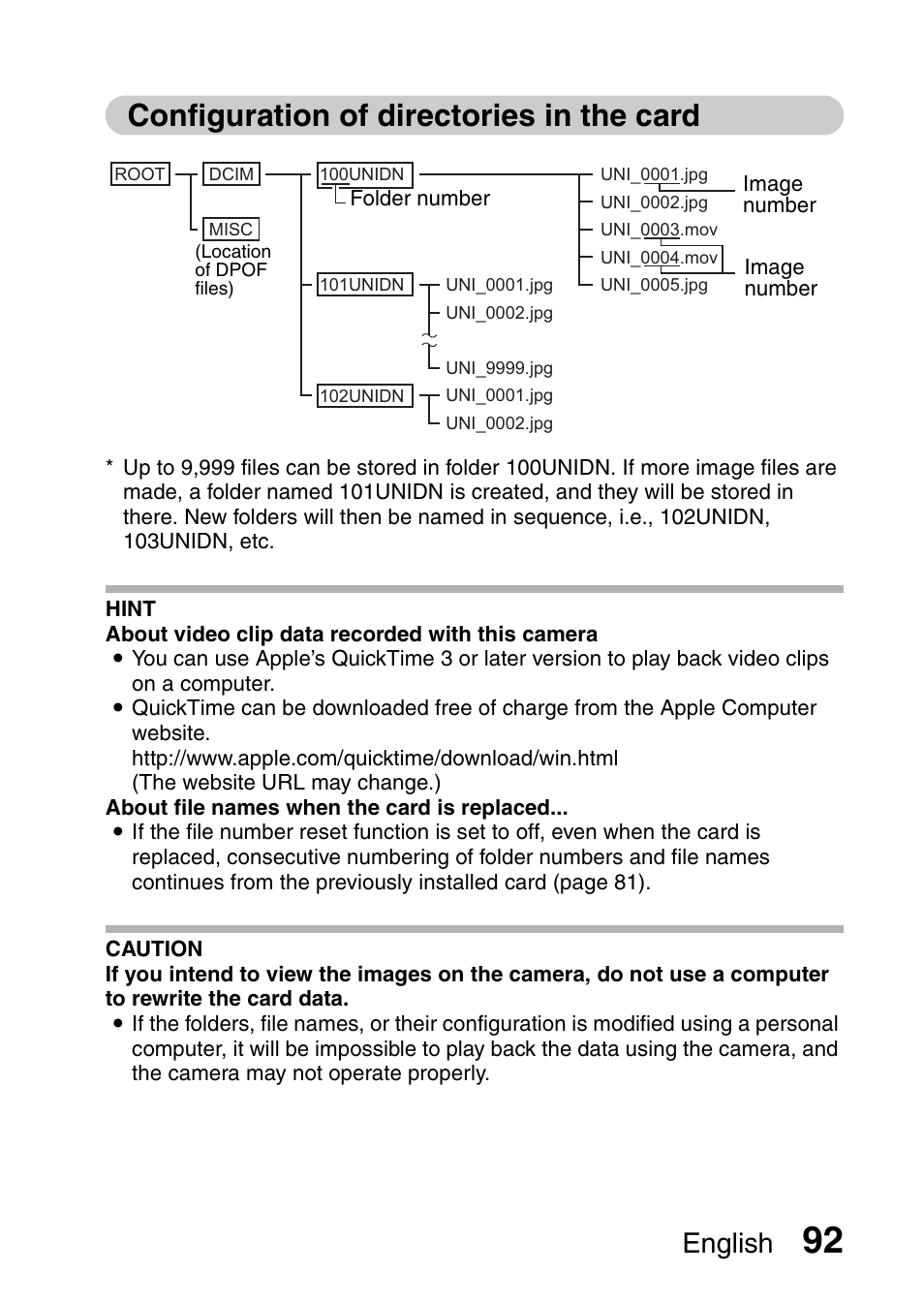 Configuration of directories in the card, English | Uniden UDC-5M User Manual | Page 98 / 134