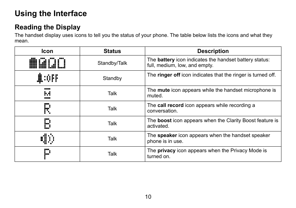 Using the interface, Reading the display | Uniden DCT758 User Manual | Page 11 / 76