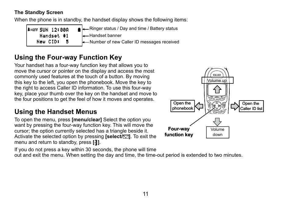 Using the four-way function key, Using the handset menus | Uniden DCT758 User Manual | Page 12 / 76