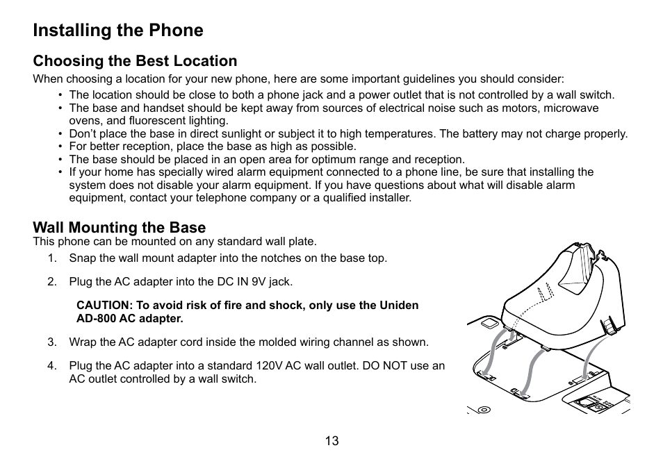 Installing the phone, Choosing the best location, Wall mounting the base | Uniden DCT758 User Manual | Page 14 / 76