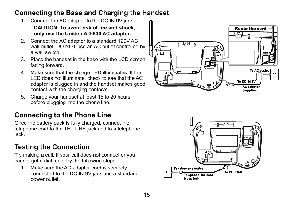 Connecting the base and charging the handset, Connecting to the phone line, Testing the connection | Uniden DCT758 User Manual | Page 16 / 76