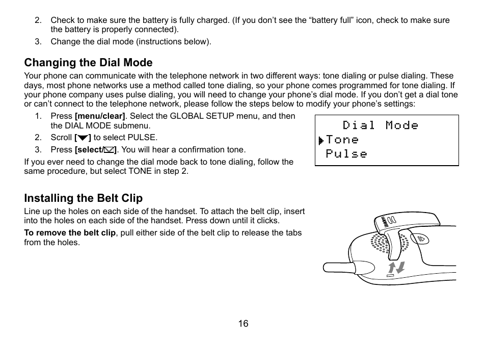 Changing the dial mode, Installing the belt clip | Uniden DCT758 User Manual | Page 17 / 76