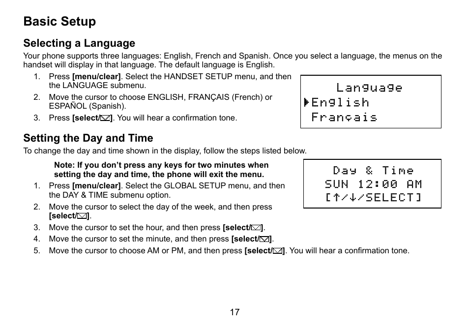 Basic setup, Selecting a language, Setting the day and time | Uniden DCT758 User Manual | Page 18 / 76