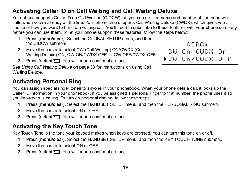 Activating personal ring, Activating the key touch tone | Uniden DCT758 User Manual | Page 19 / 76