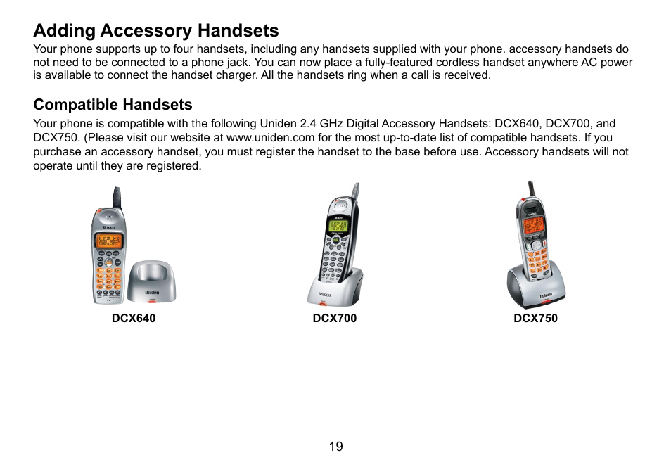 Adding accessory handsets, Compatible handsets | Uniden DCT758 User Manual | Page 20 / 76