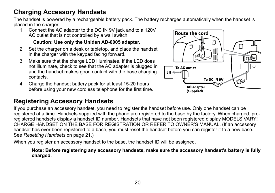 Charging accessory handsets, Registering accessory handsets | Uniden DCT758 User Manual | Page 21 / 76