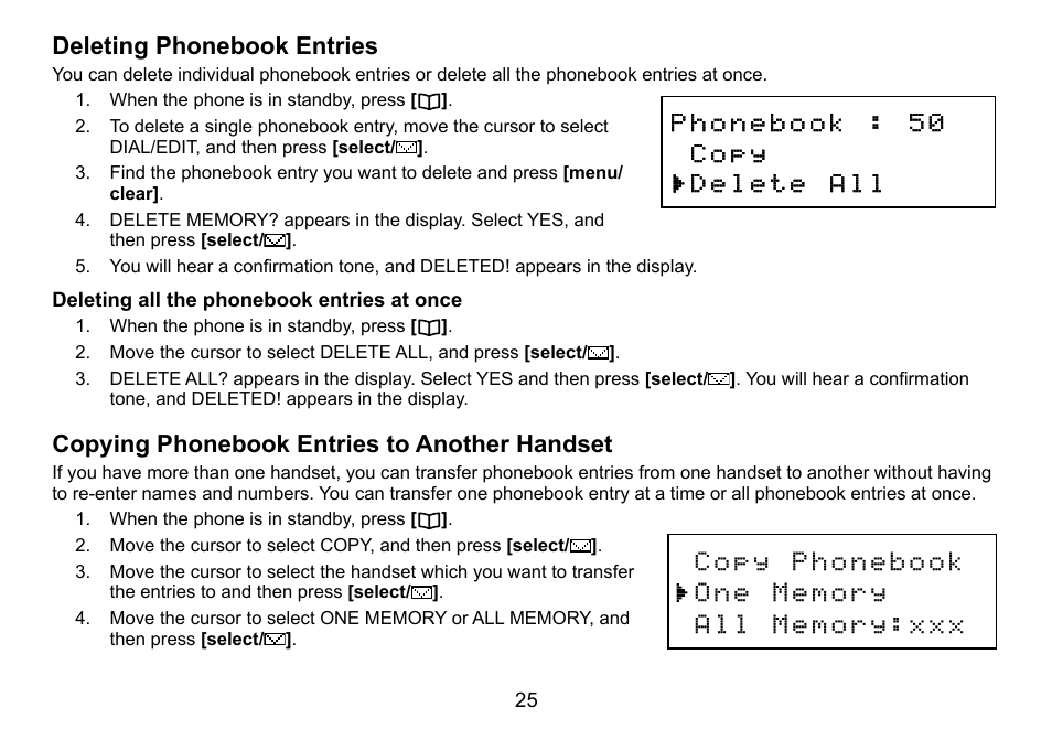 Deleting phonebook entries, Copying phonebook entries to another handset | Uniden DCT758 User Manual | Page 26 / 76