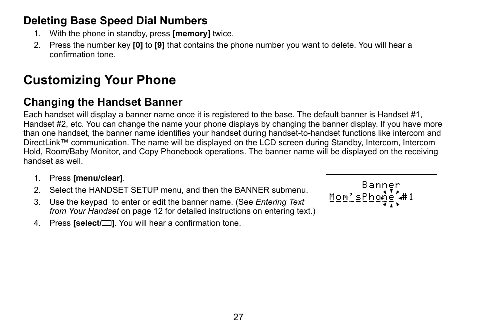 Customizing your phone, Deleting base speed dial numbers, Changing the handset banner | Uniden DCT758 User Manual | Page 28 / 76