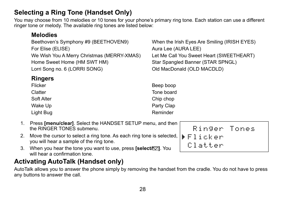 Selecting a ring tone (handset only), Activating autotalk (handset only) | Uniden DCT758 User Manual | Page 29 / 76