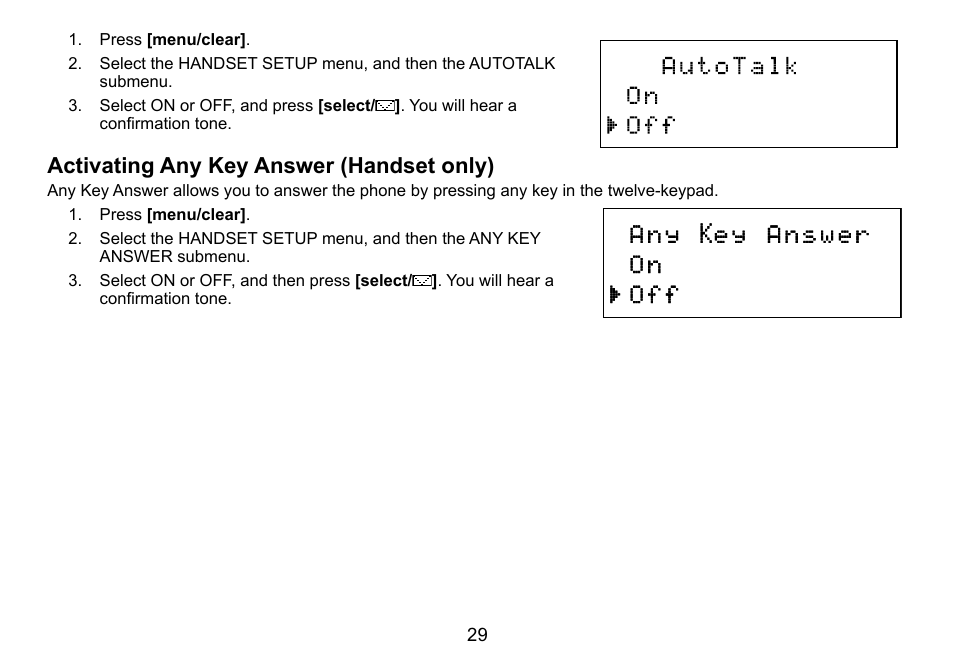 Activating any key answer (handset only) | Uniden DCT758 User Manual | Page 30 / 76