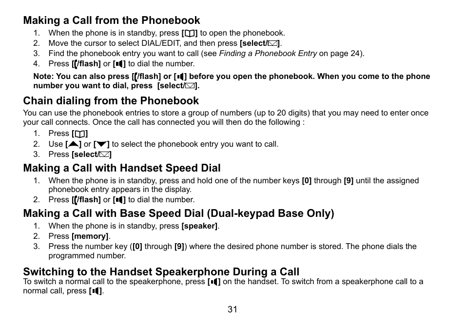 Making a call from the phonebook, Chain dialing from the phonebook, Making a call with handset speed dial | Uniden DCT758 User Manual | Page 32 / 76