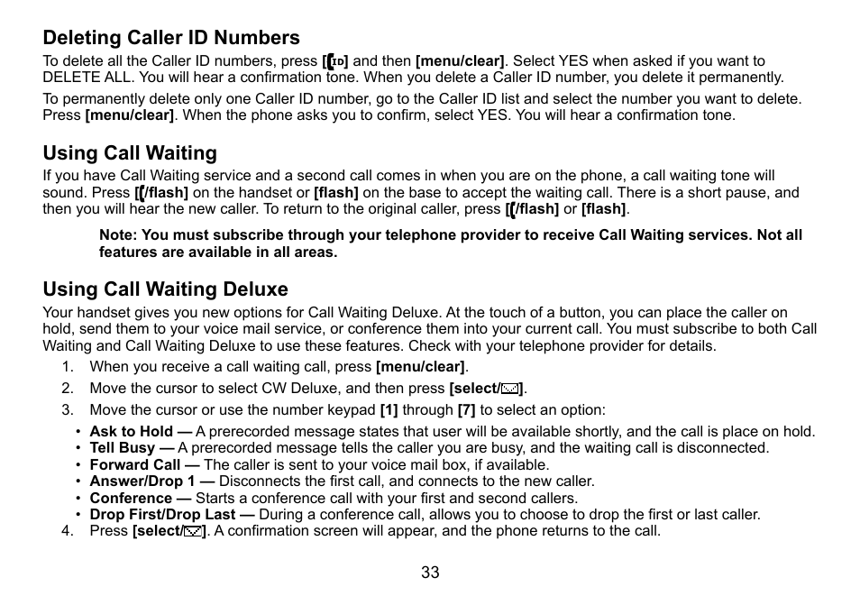 Deleting caller id numbers, Using call waiting, Using call waiting deluxe | Uniden DCT758 User Manual | Page 34 / 76