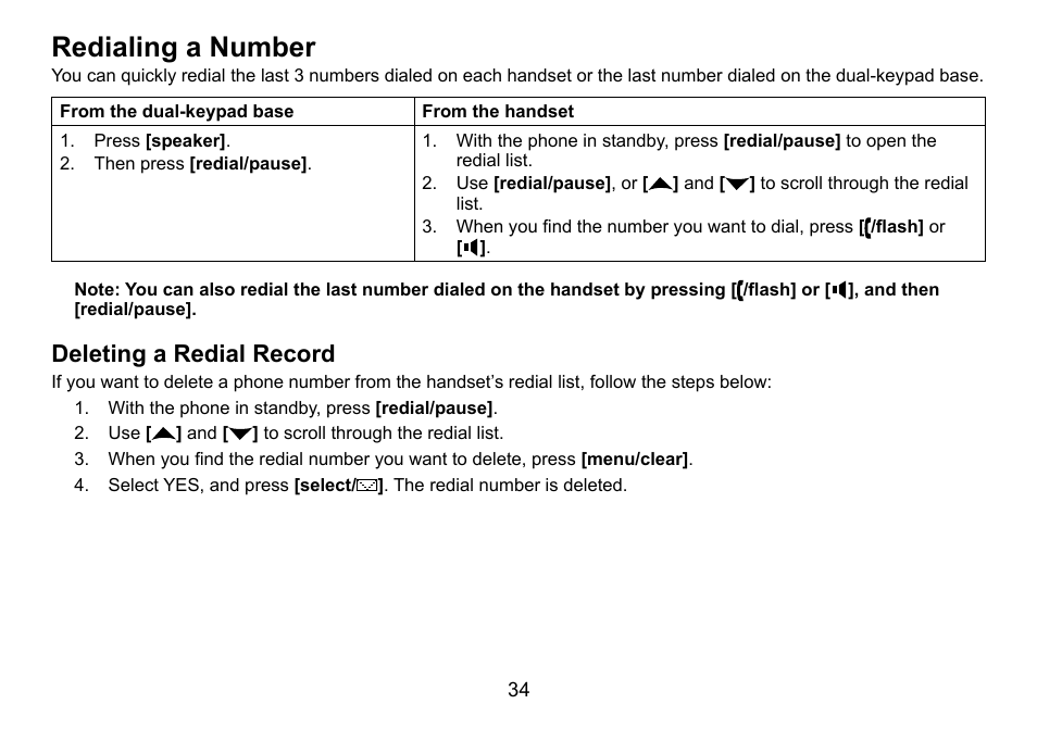 Redialing a number, Deleting a redial record | Uniden DCT758 User Manual | Page 35 / 76