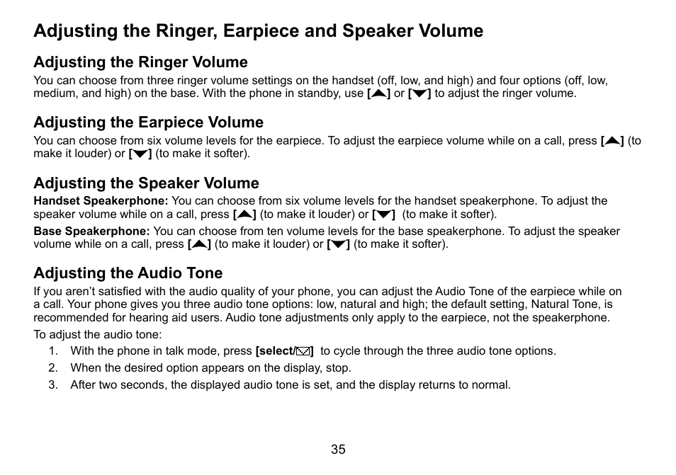 Adjusting the ringer, earpiece and speaker volume, Adjusting the ringer volume, Adjusting the earpiece volume | Adjusting the speaker volume, Adjusting the audio tone | Uniden DCT758 User Manual | Page 36 / 76