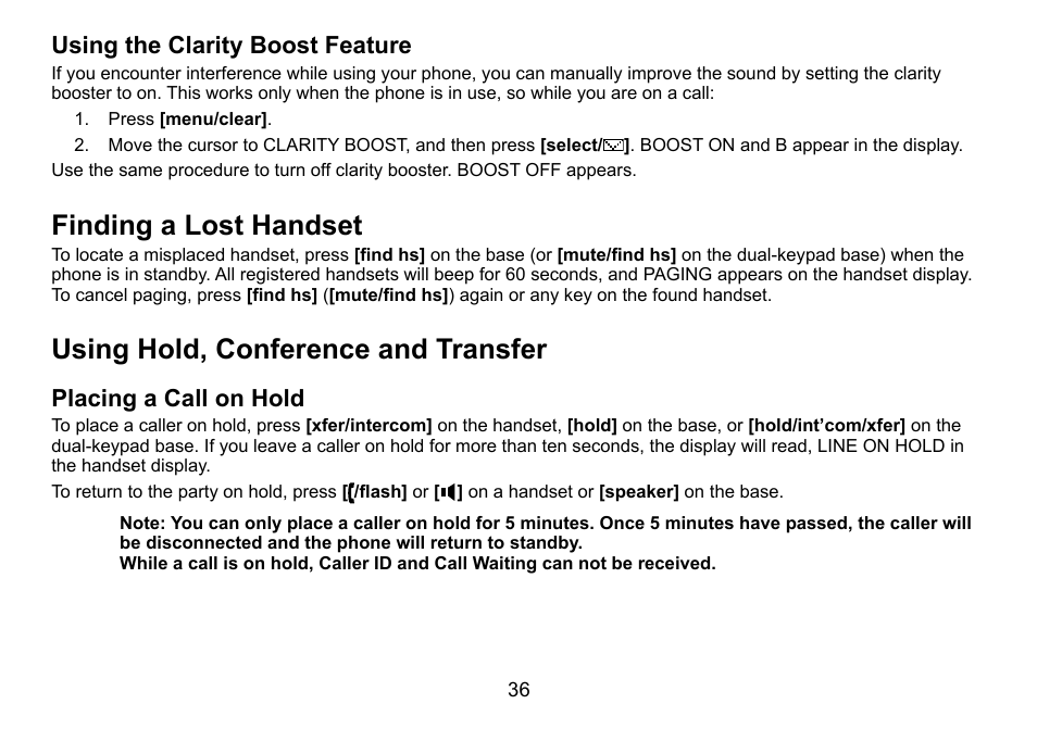 Finding a lost handset, Using hold, conference and transfer, Using the clarity boost feature | Placing a call on hold | Uniden DCT758 User Manual | Page 37 / 76