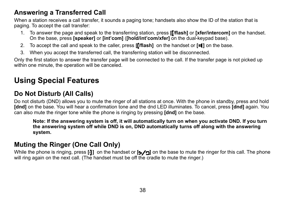 Using special features, Answering a transferred call, Do not disturb (all calls) | Muting the ringer (one call only) | Uniden DCT758 User Manual | Page 39 / 76