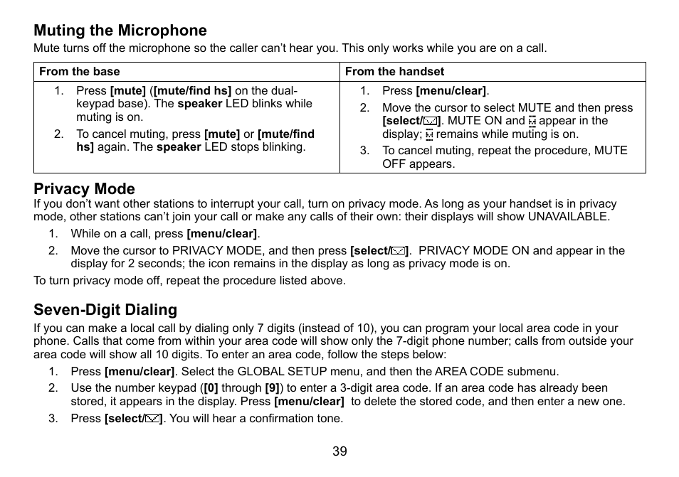 Muting the microphone, Privacy mode, Seven-digit dialing | Uniden DCT758 User Manual | Page 40 / 76
