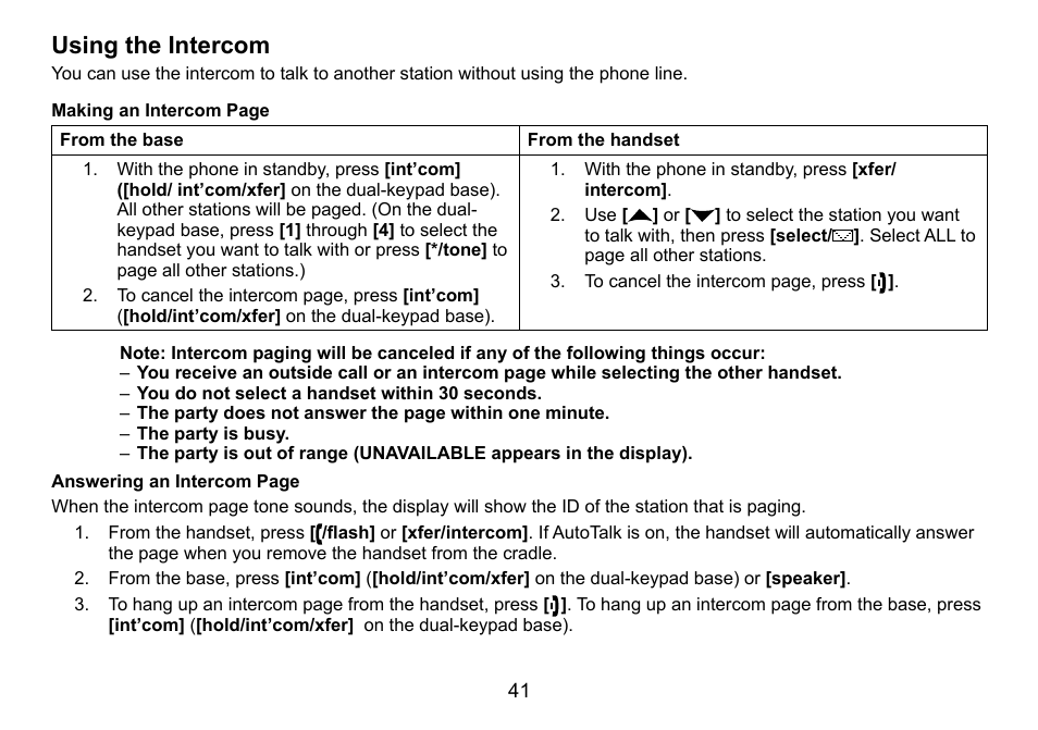 Using the intercom | Uniden DCT758 User Manual | Page 42 / 76