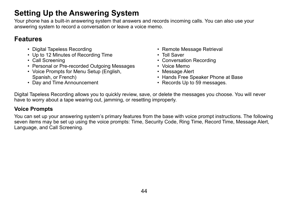 Setting up the answering system, Features | Uniden DCT758 User Manual | Page 45 / 76