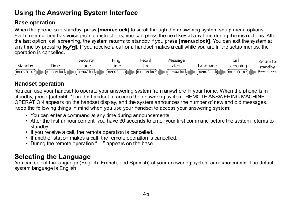 Using the answering system interface, Selecting the language | Uniden DCT758 User Manual | Page 46 / 76