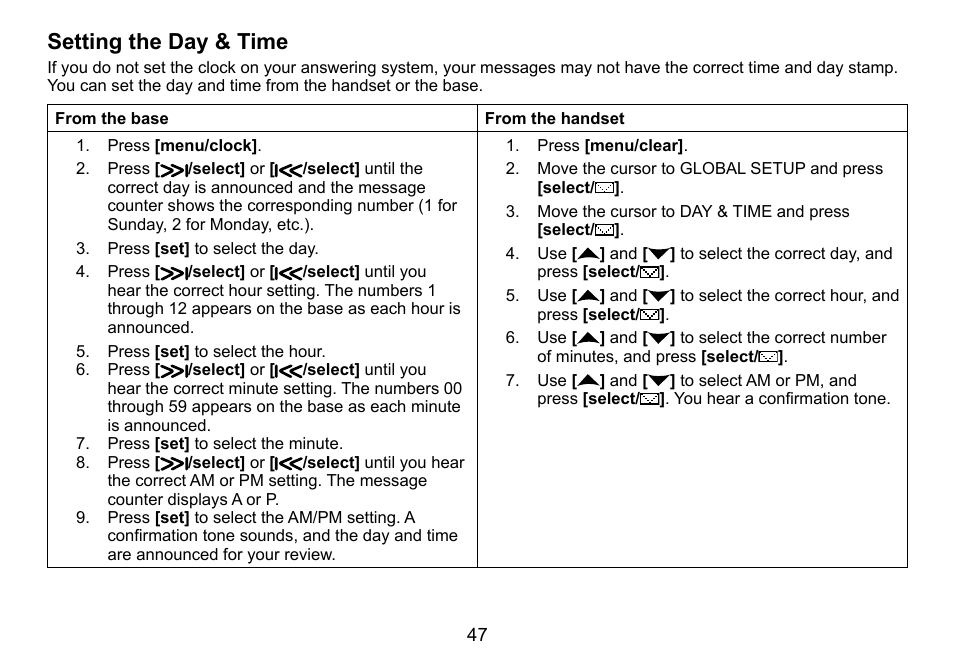 Setting the day & time | Uniden DCT758 User Manual | Page 48 / 76