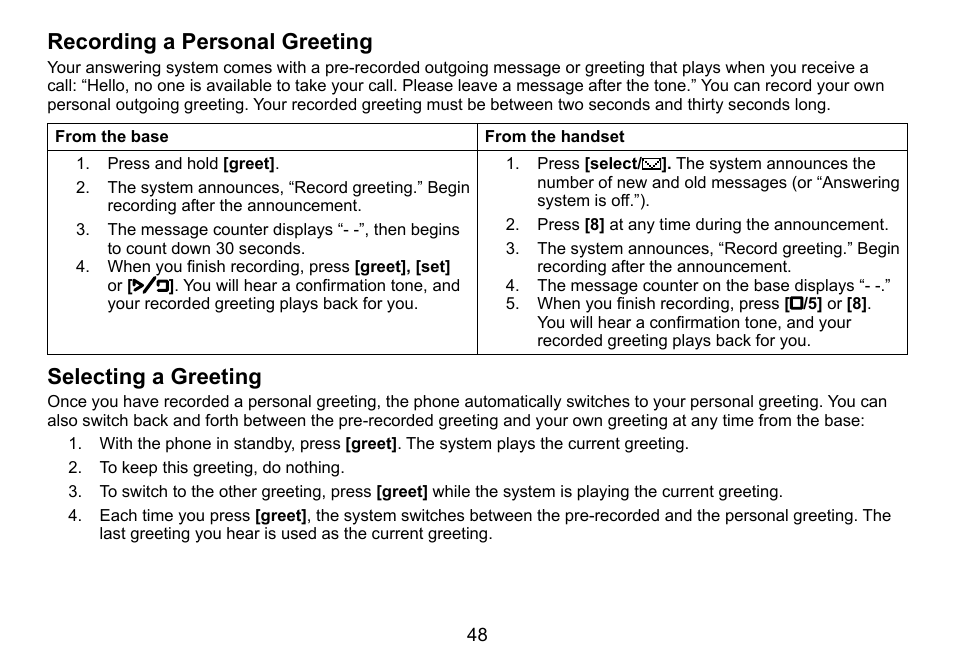 Recording a personal greeting, Selecting a greeting | Uniden DCT758 User Manual | Page 49 / 76