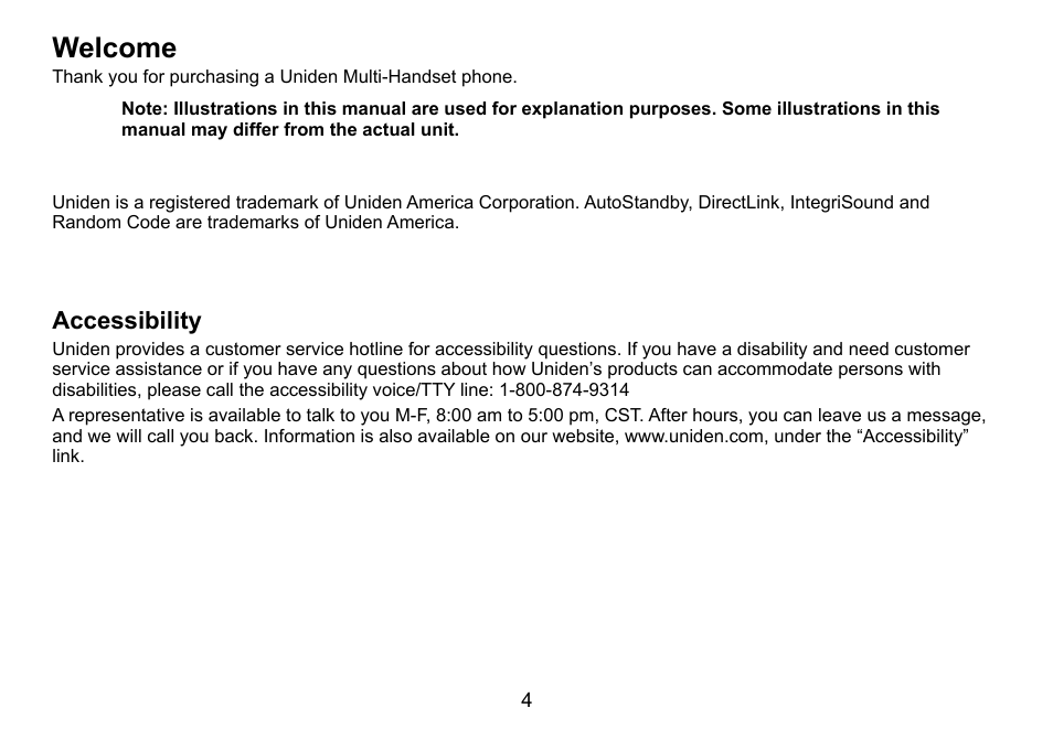 Welcome, Accessibility | Uniden DCT758 User Manual | Page 5 / 76