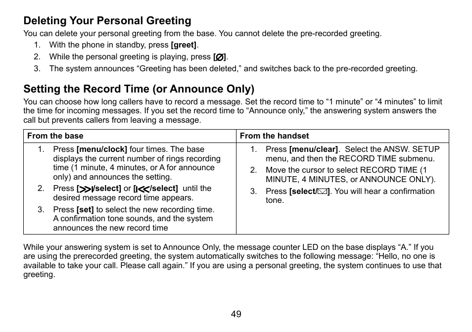 Deleting your personal greeting, Setting the record time (or announce only) | Uniden DCT758 User Manual | Page 50 / 76