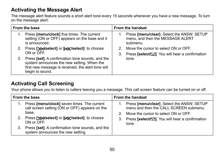 Activating the message alert, Activating call screening | Uniden DCT758 User Manual | Page 51 / 76