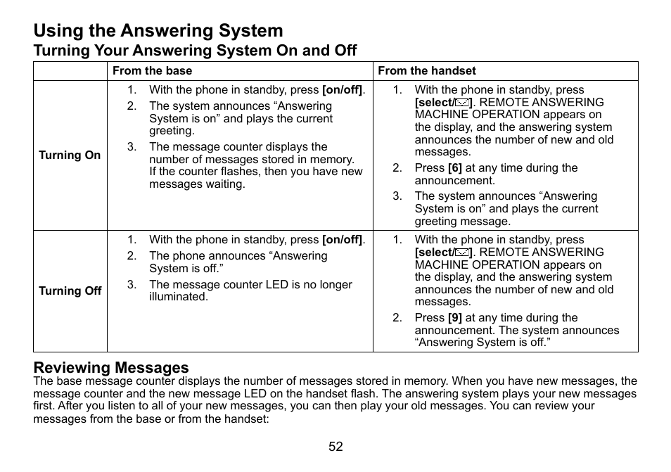 Using the answering system, Turning your answering system on and off, Reviewing messages | Uniden DCT758 User Manual | Page 53 / 76