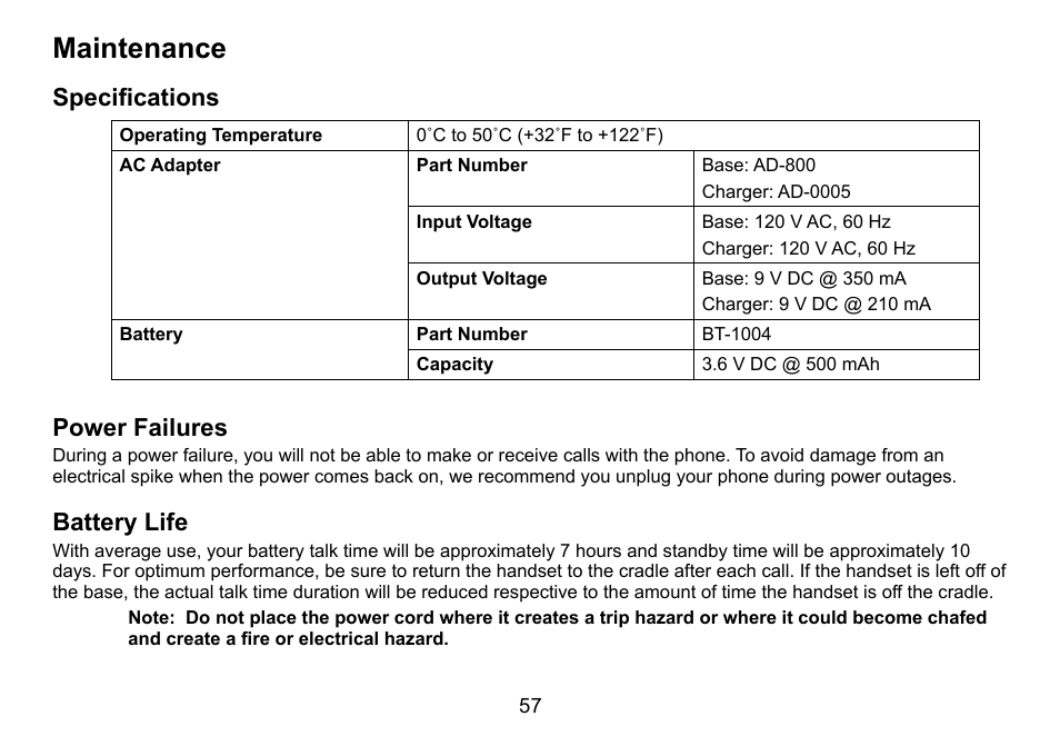 Maintenance, Specifications, Power failures | Battery life | Uniden DCT758 User Manual | Page 58 / 76