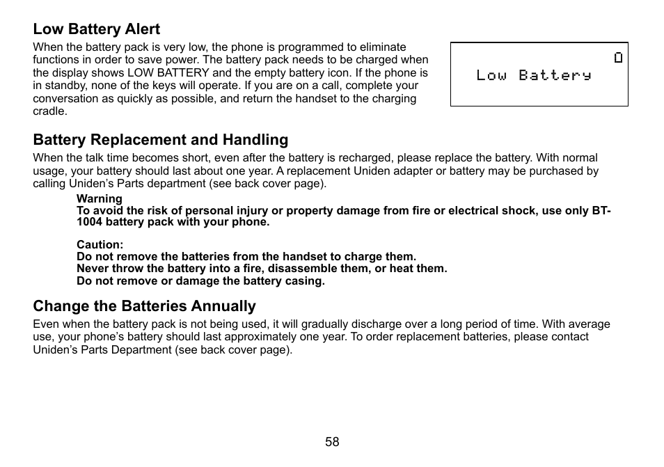 Low battery alert, Battery replacement and handling, Change the batteries annually | Uniden DCT758 User Manual | Page 59 / 76