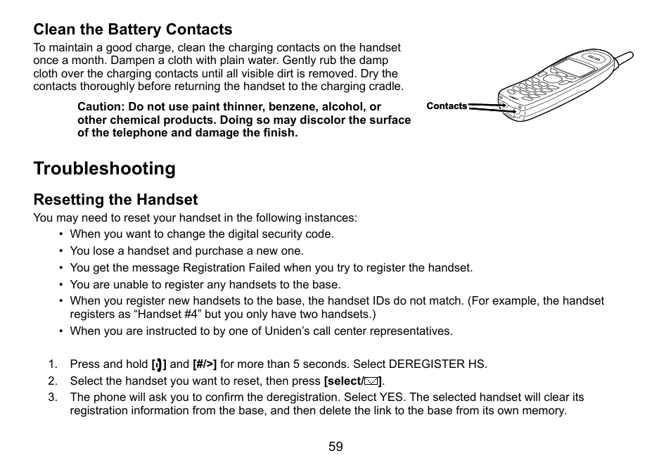 Troubleshooting, Clean the battery contacts, Resetting the handset | Uniden DCT758 User Manual | Page 60 / 76