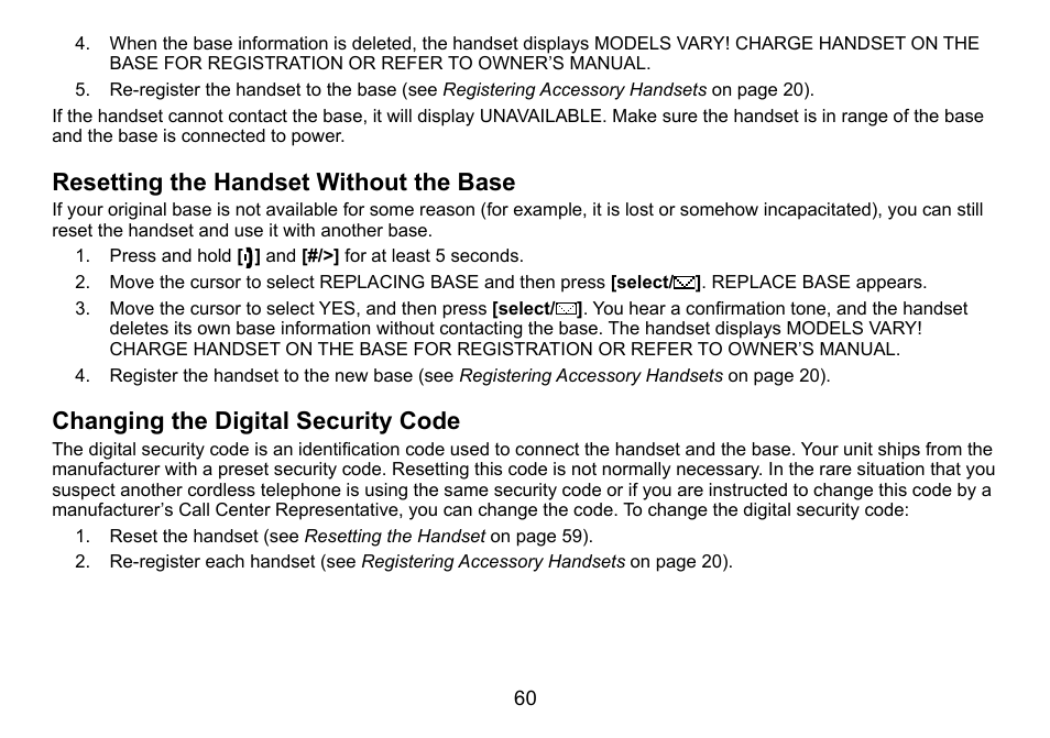 Resetting the handset without the base, Changing the digital security code | Uniden DCT758 User Manual | Page 61 / 76