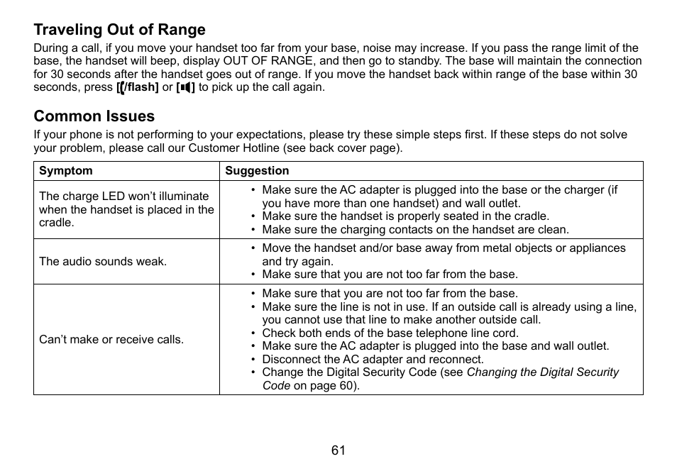 Traveling out of range, Common issues | Uniden DCT758 User Manual | Page 62 / 76