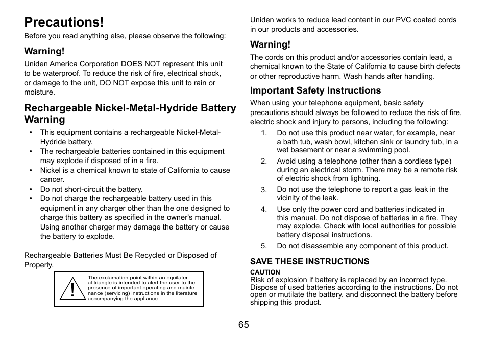 Precautions, Rechargeable nickel-metal-hydride battery warning | Uniden DCT758 User Manual | Page 66 / 76