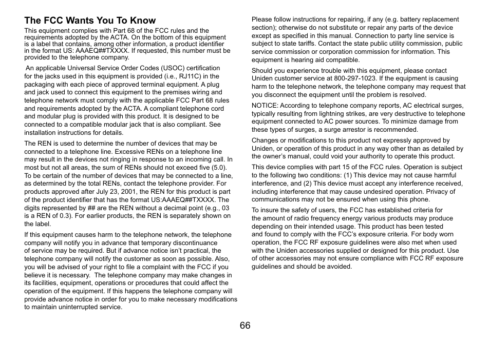 66 the fcc wants you to know | Uniden DCT758 User Manual | Page 67 / 76