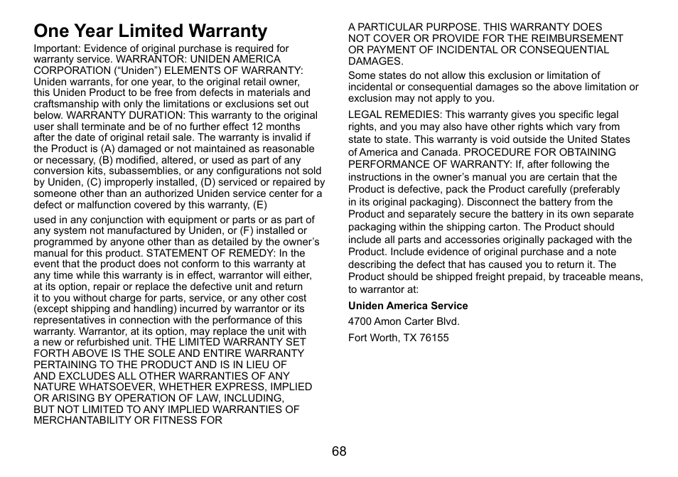 One year limited warranty | Uniden DCT758 User Manual | Page 69 / 76