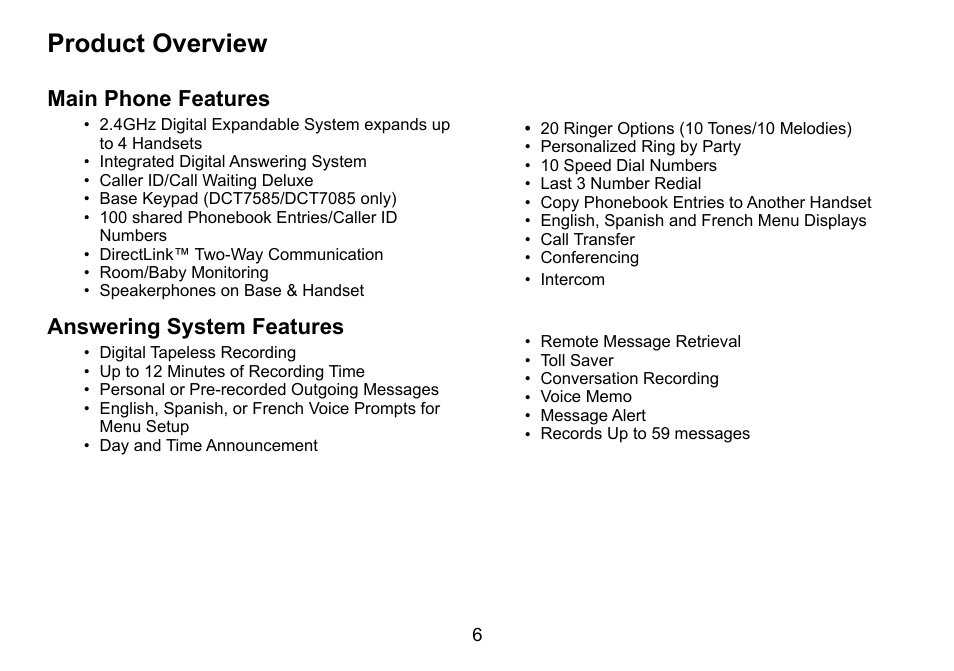 Product overview, Main phone features, Answering system features | Uniden DCT758 User Manual | Page 7 / 76